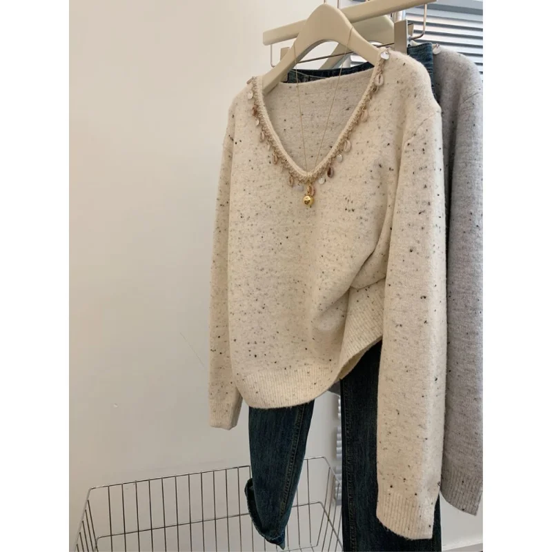 Women\'s Stylish Vintage Sequins Chic Knitted Sweater Autumn Winter Printed V Neck Long Sleeve Loose Pullover Tops Female Jumpers