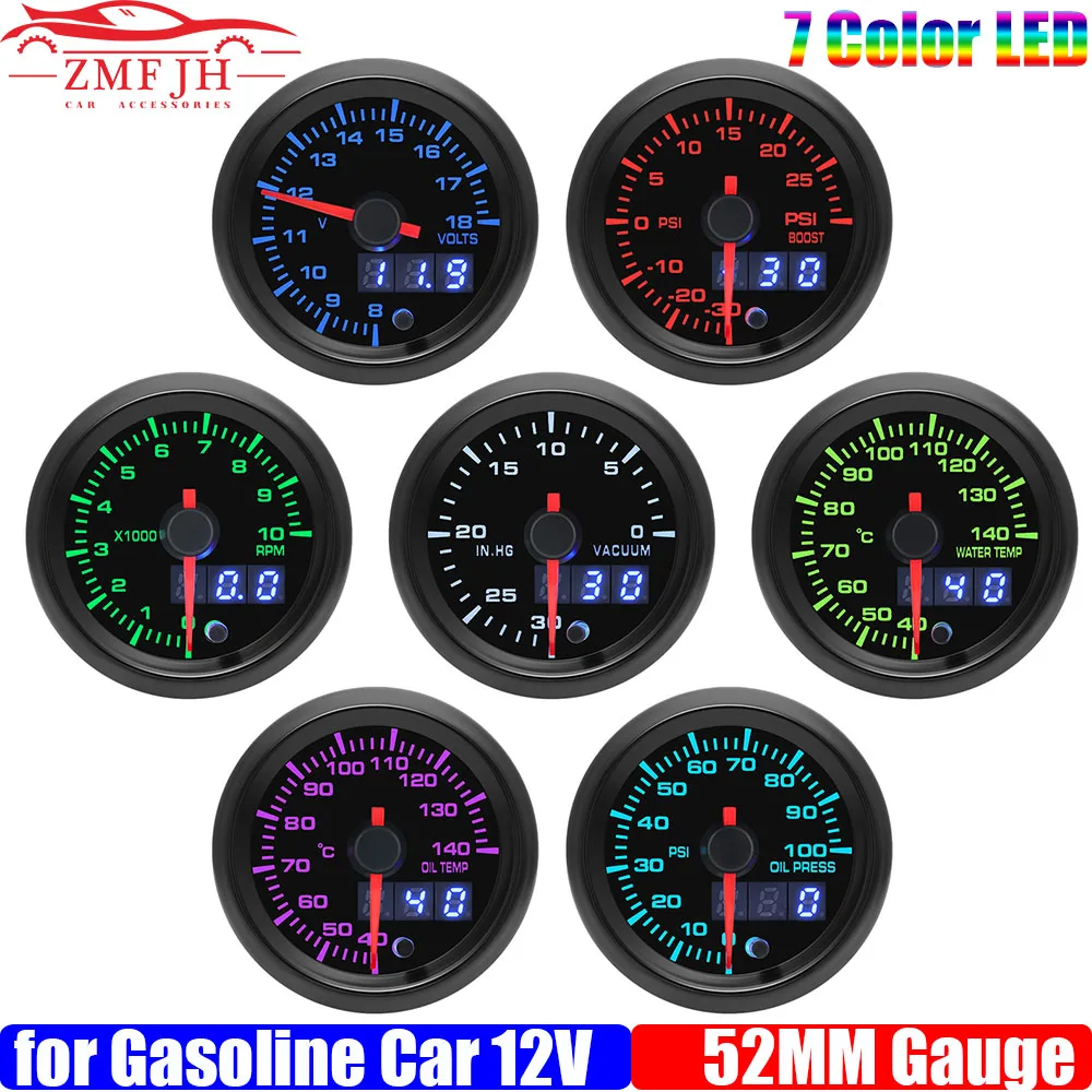 

ZMFJH 2"52MM Racing Gauge Pointer Digital Tachometer Water Oil Temperature Oil Pressure Meter Turbo Boost Voltage 7 Color LED