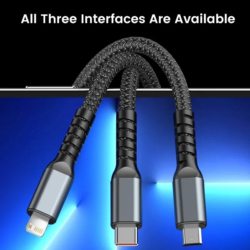 New 3 In 1 100w Transparent Fast Charging Cable Type C Usb Micro For Iphone Samsung Huawei Xiaomi Pilot Lamp Charger Usb C 6A