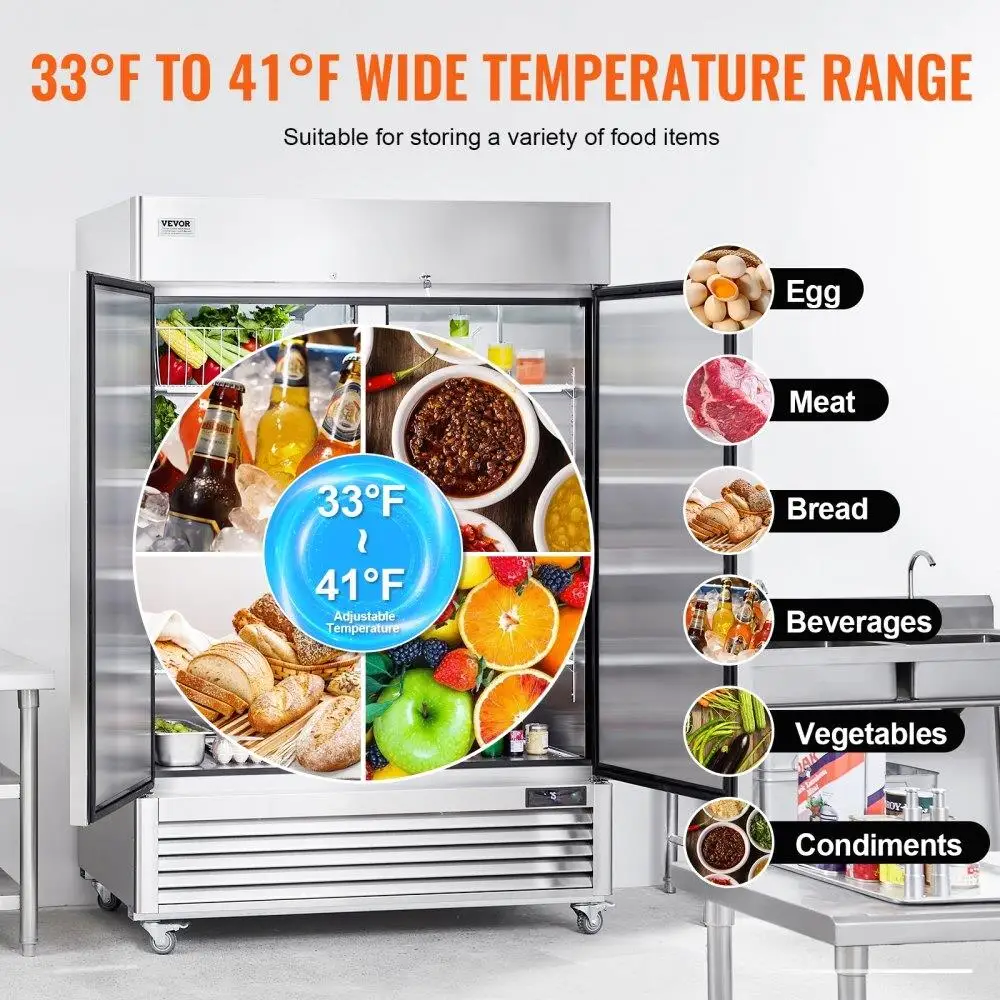 Geladeira comercial com alcance vertical de 44,21 pés cúbicos em aço inoxidável de 54,4 polegadas, descongelamento automático de 2 portas 33 a 41 ℉   Controle de temperatura com