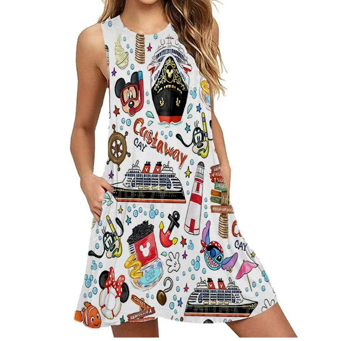 2024 Disney Mickey Cruise sexy Kleid Frauen Kurzarm Cruise Kleid Land Mickey und Freunde Strand kleid y2k