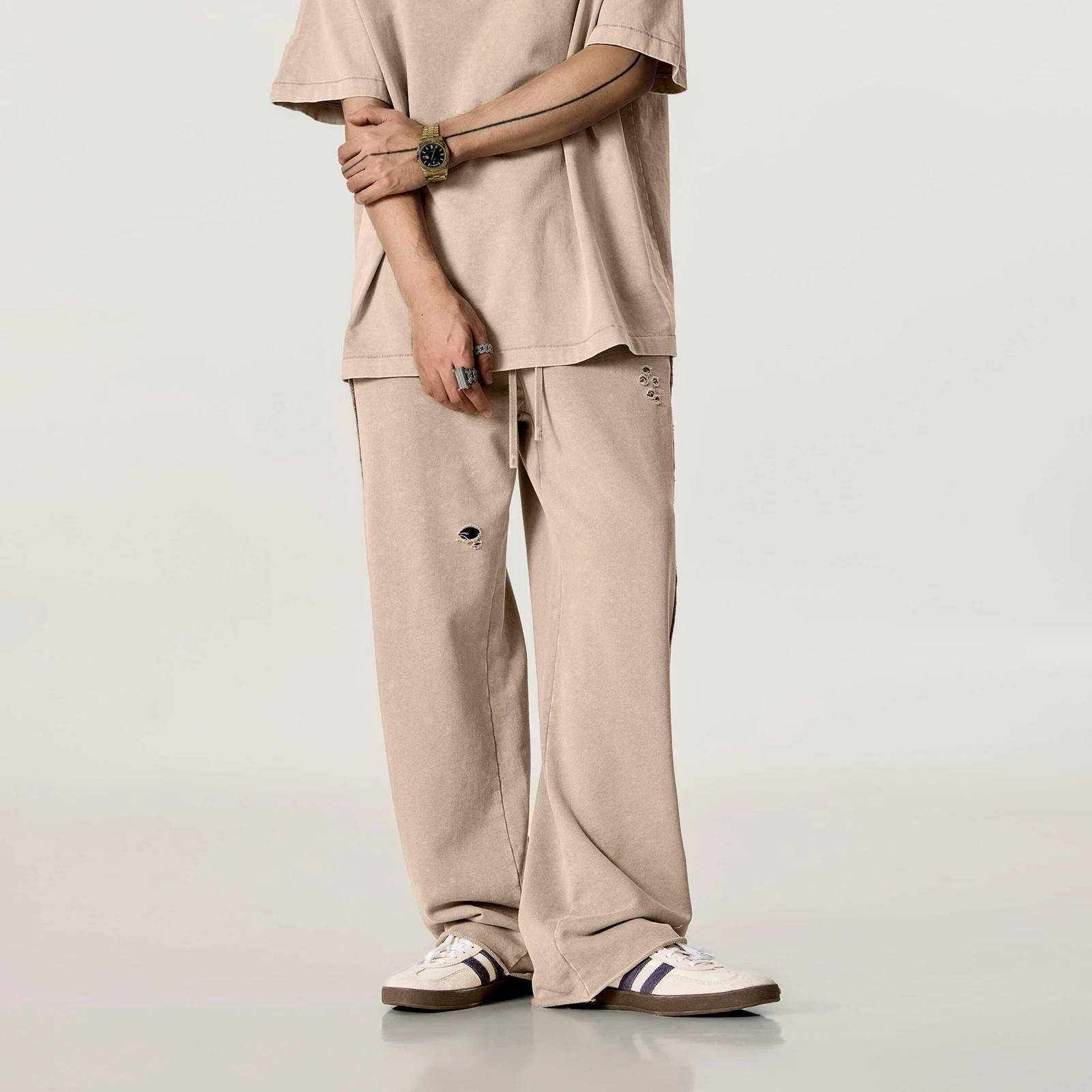 2025 European and American Distressed Sweatpants Y2k Man Vintage Washed Joggers Men Straight Leg Sanitary Pants Rolled Edges