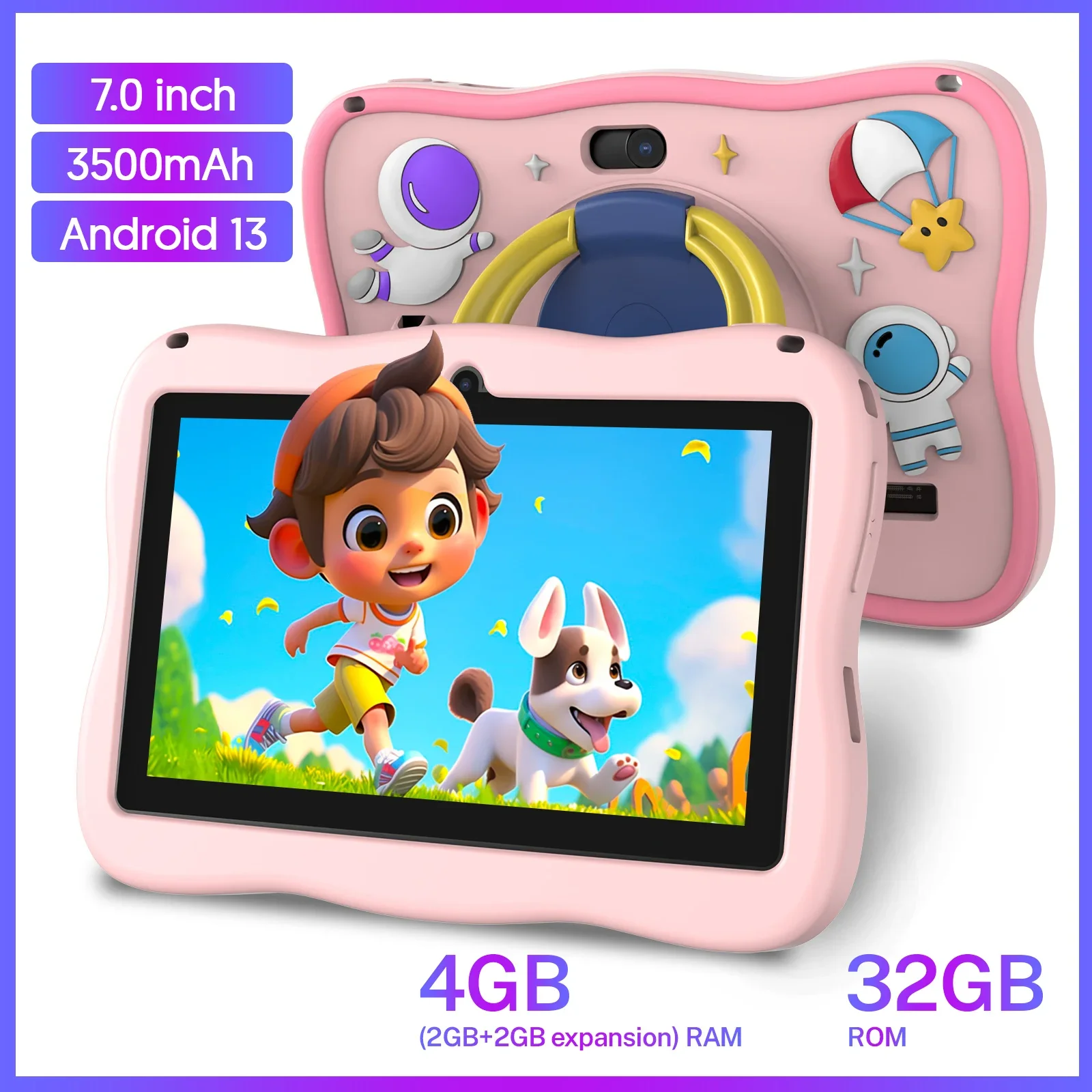 2026 Global Edition 7-inch Kids' Tablet: Supports 5G Wi-Fi, features 4GB (2+2) RAM + 32GB ROM, a large 3500mAh battery