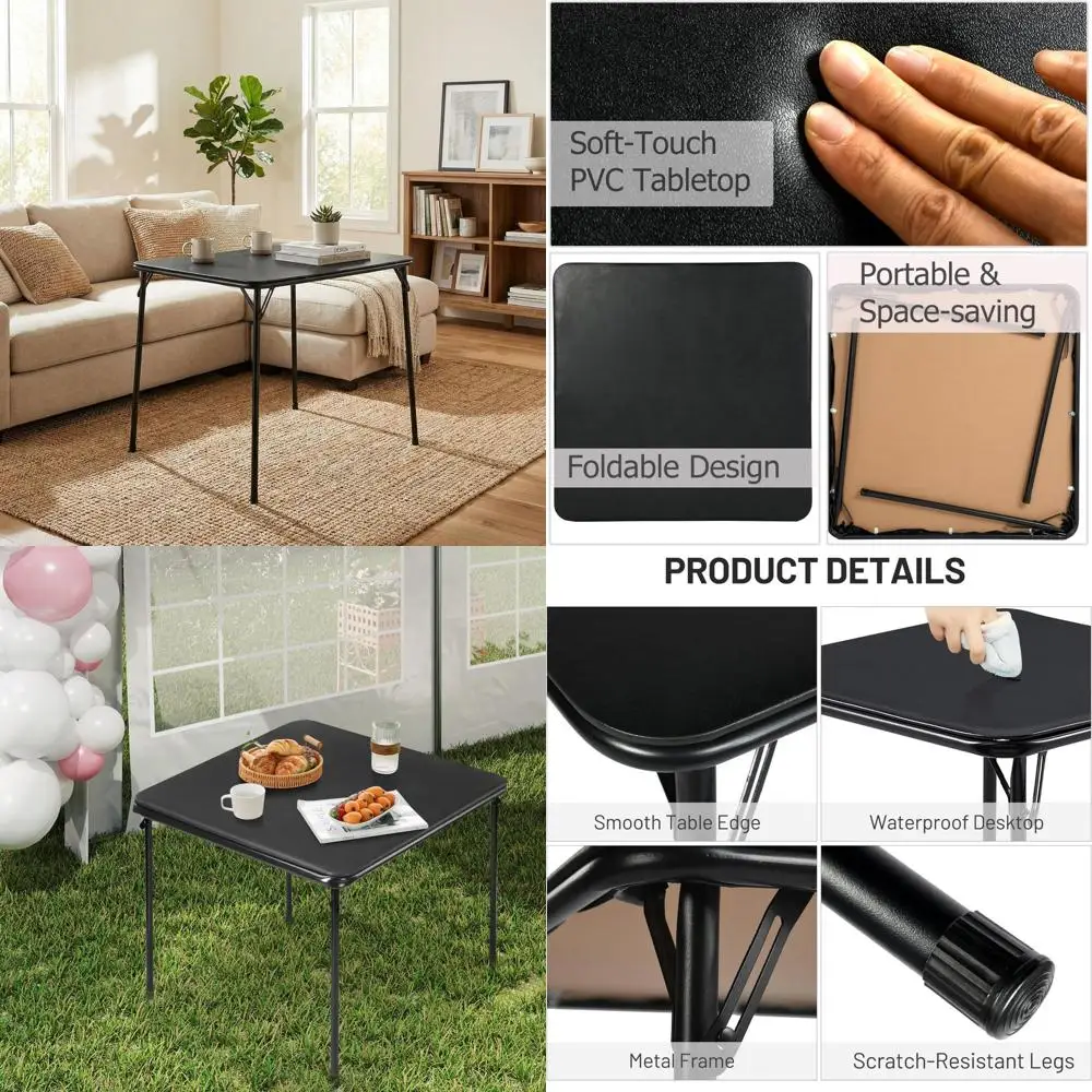 Portable 34 Inch Card Table for Game Nights, Small Space Dining, Indoor and Outdoor Use, PVC Top with Metal Edge, Black