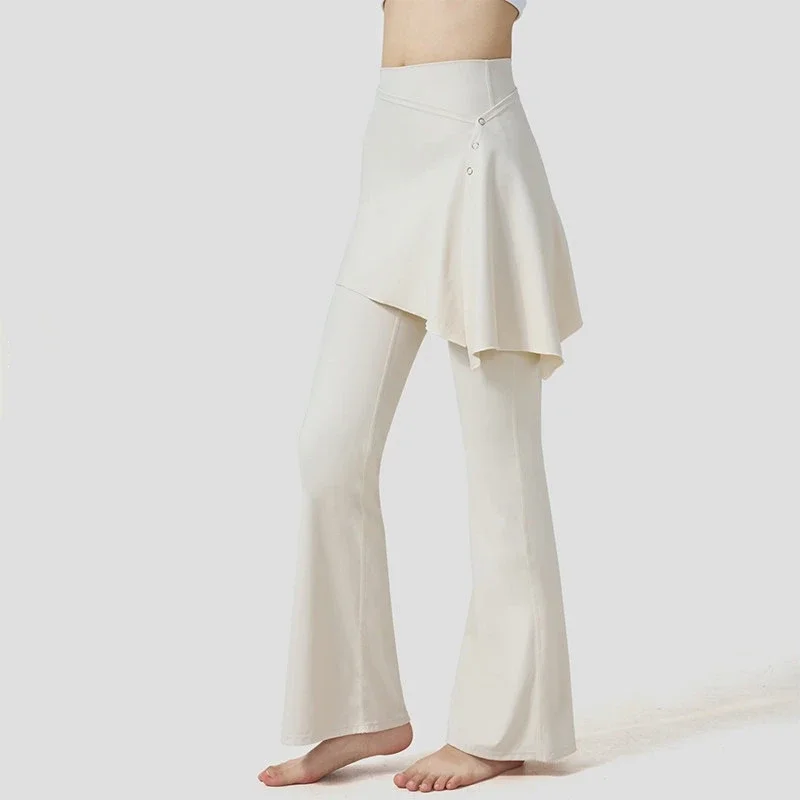 Women's High-Waisted Slim Fit Pilates Fitness Leggings Fake Two-Piece Sports Trousers with Micro-Flare Skirts for Hip-Lifting