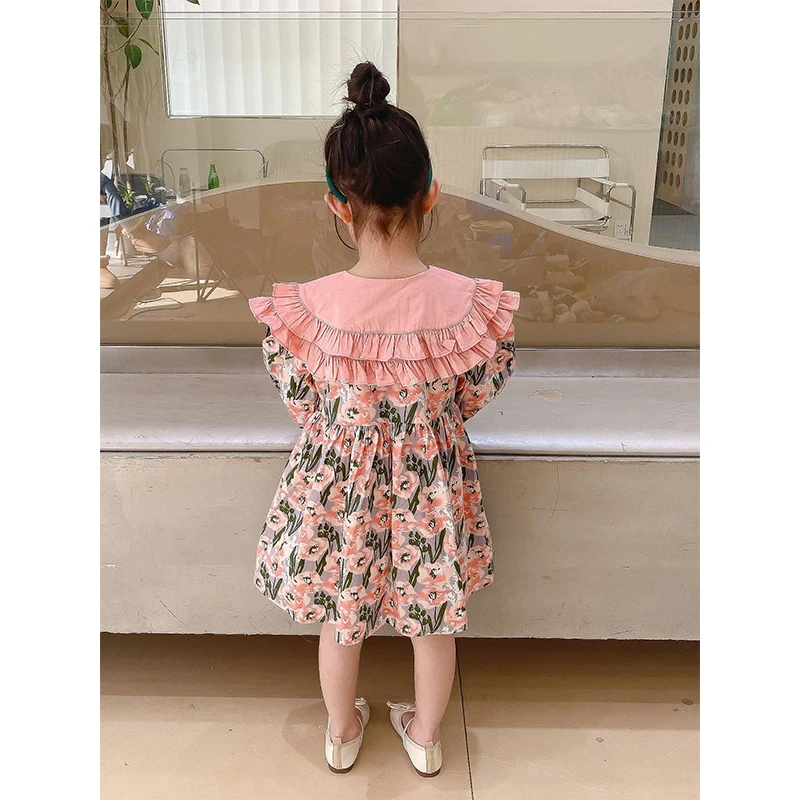 

Korean Spring Autumn Cotton A-Line Long Sleeve Fairy Pink Floral Princess Elegant Birthday Dress For Women From 3 To 8 Years