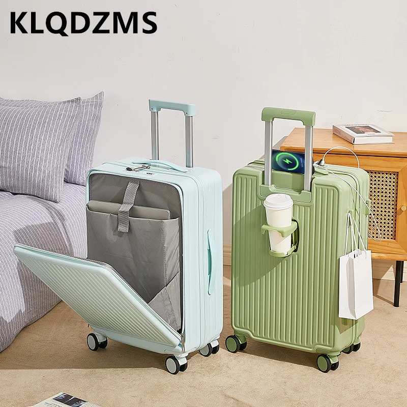 KLQDZMS-Valise de transport pour ordinateur portable, 20 pouces, chargement USB, valise d'embarquement 22 "24", ouverture avant, valise à roulettes ABS + PC 26 "28"