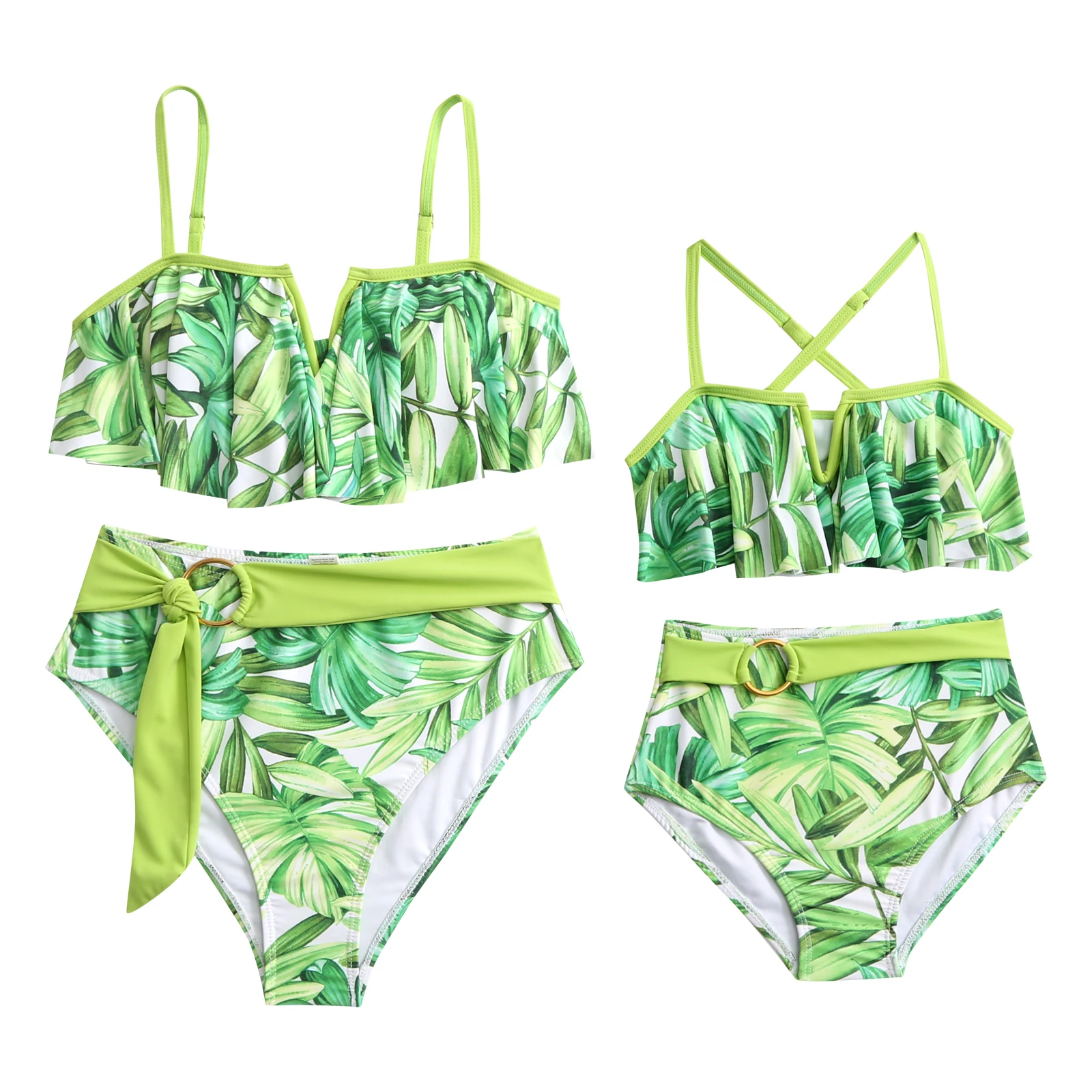 

2024 Family Set 2PCS Mommy and Me Swimsuits V-Neck Mother Daughter Matching Swimwear Ruffled Women Girls Bikini Dresses Clothes