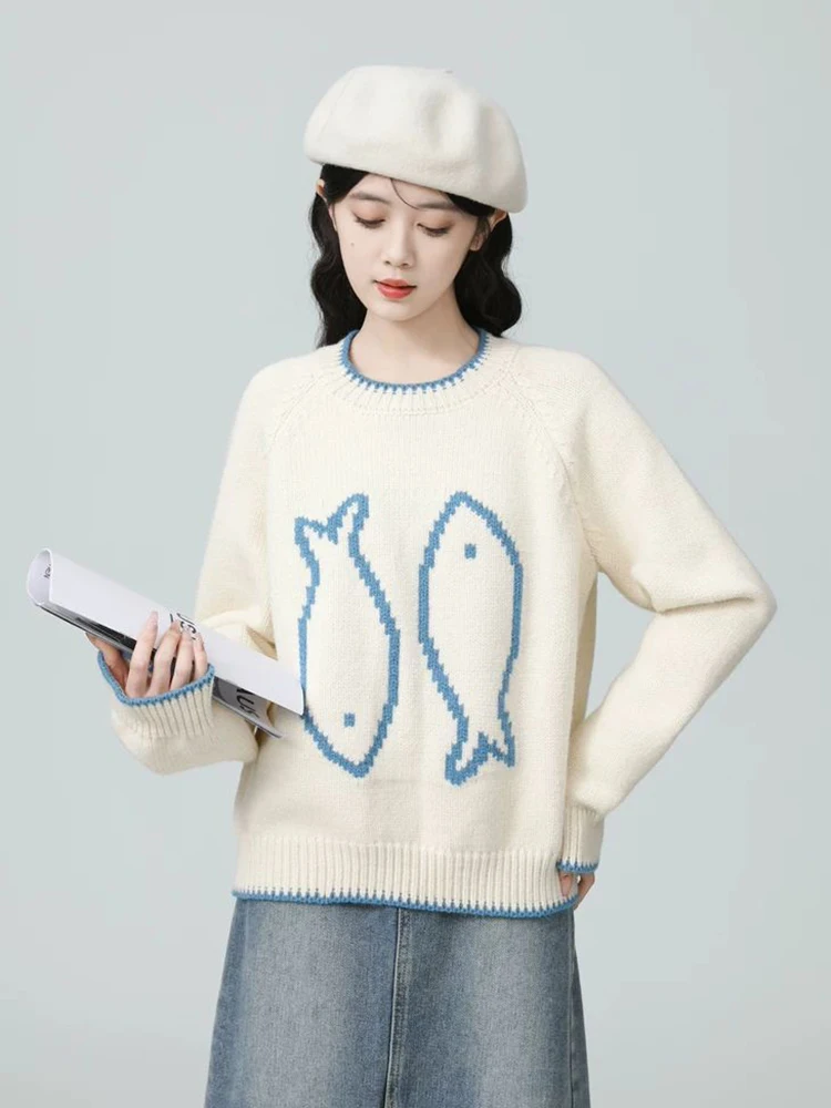 

Zoki с круглым вырезом и винтажным принтом, женские свитера в консервативном стиле, японский вязаный джемпер с ленивым ветром, свободный милый пуловер с длинными рукавами в стиле ретро