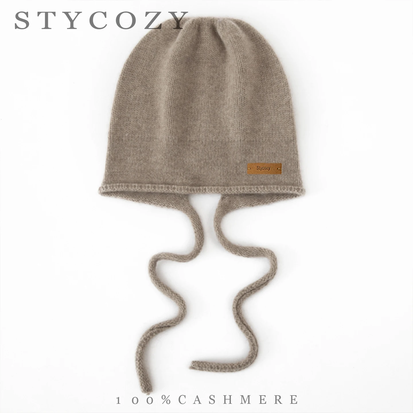 100%Cashmere Women Slouchy Earflap Beanie Cozy Soft Plain Knit Hat Long Tie Strings Solid Winter Windproof Outdoor Casual Cap