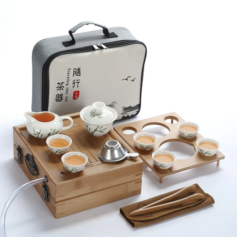 Mini Portable Travel Tea Set Folding Table for Car Drainage Bamboo Tea-Tray Outdoor Travel Porcelain Kung Fu Tea Set Set