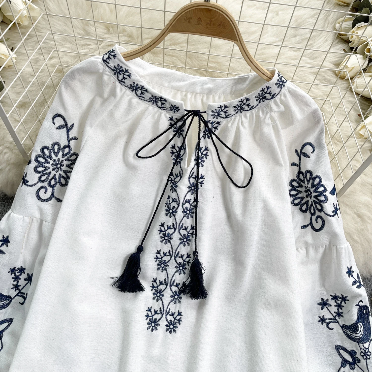 Damen-Bluse im Vintage-Ethno-Stil, Rundhalsausschnitt, lange Ärmel, bestickt, Baumwolle, Hanf, Pullover, lässiges Oberteil für den Herbst