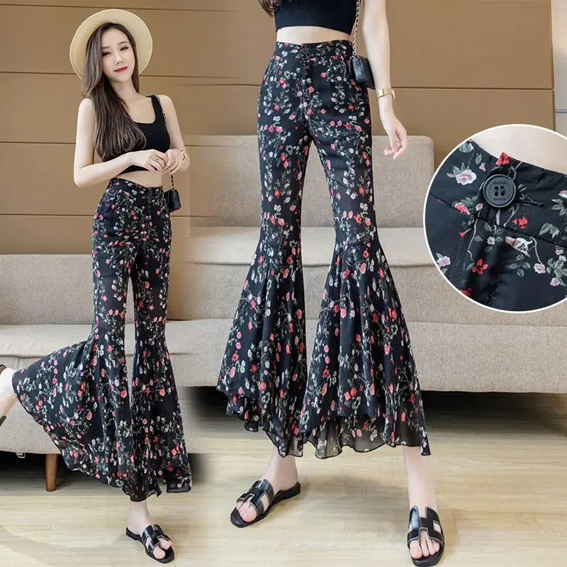 

Summer Thin Printed Casual High Street Pants Women High Waist Trousers Korean Fashion Ankle-Length Loose Flare Pant Trouser A152