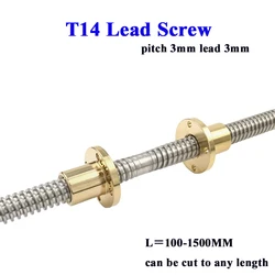 T14 Lead Screw Trapezoidal Rod Diameter 14mm pitch 3mm lead 3mm 6mm with Brass Nut for 3D printer CNC Parts Stainless Steel