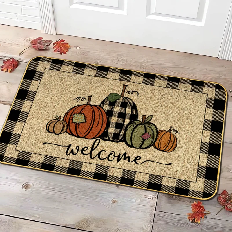 VIKAMA Fall Pumpkin Welcome Mat Buffalo Plaid Border Autumn Patchwork Pumpkin Door Rug Entryway Floor Mat Non Slip Decor