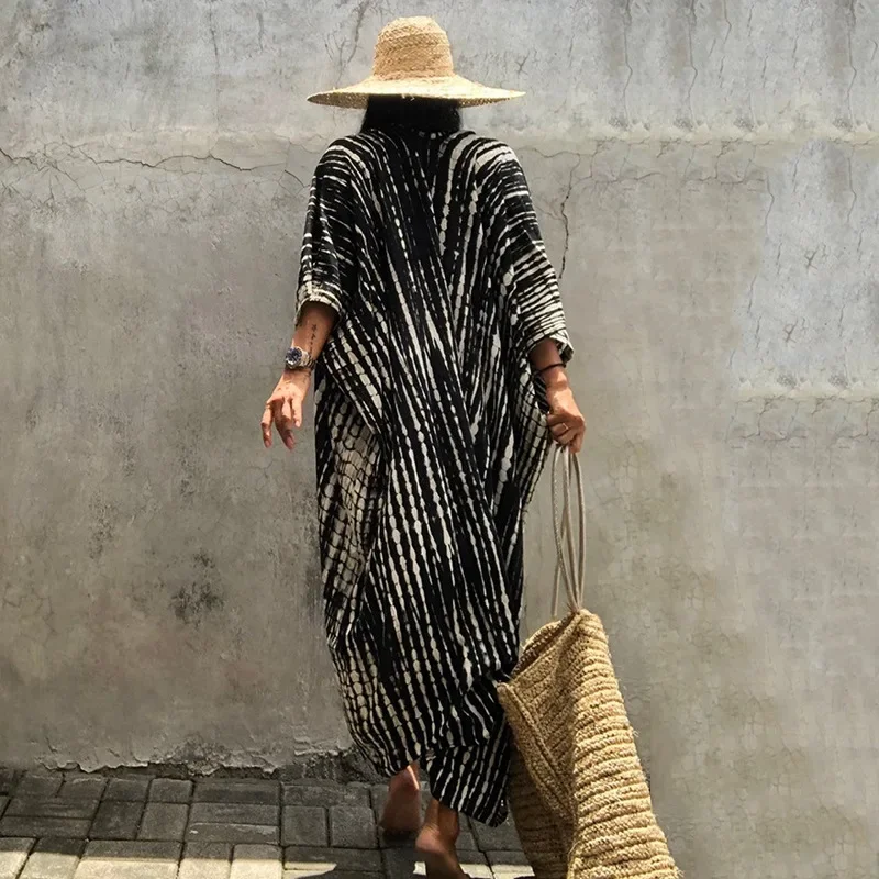 Pantai Cover up untuk pakaian renang wanita hitam Tie Dye Kimono baju renang Cape musim panas gaun 2023 pakaian Beachwear kebesaran longgar