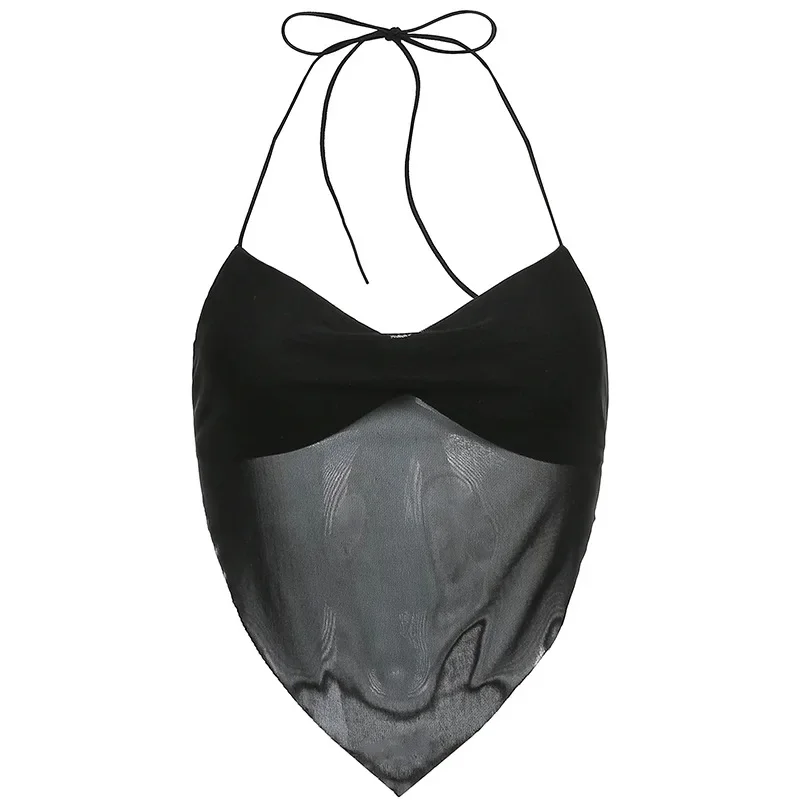 Сексуальные прозрачные сетчатые топы с лямкой на шее y2k, женские корейские однотонные укороченные топы с v-образным вырезом и открытой спиной, модная корейская футболка 90-х годов