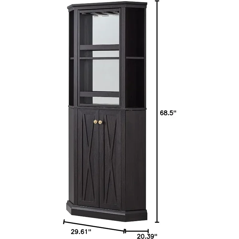 68.5" Versatile Corner Bar Cabinet with Wine Storage, Adjustable Shelf Height, 6-Bottle Wine Rack, Stemware Rack