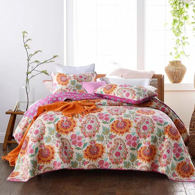 Bedspread 100% Cotton Quilted Bed Cover Queen King Quilt Rural Retro Bedding Set Couple Bed Sheet Coverlet Blanket Pillowcases