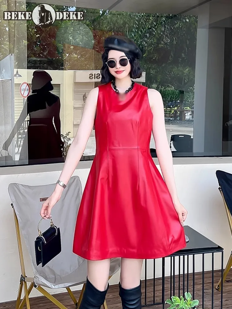 Women Genuine Leather Tank Dress O-Neck Slim Fit High Waist Short Dresses Elegant Casual Solid Color Sleeveless Sheepskin Dress