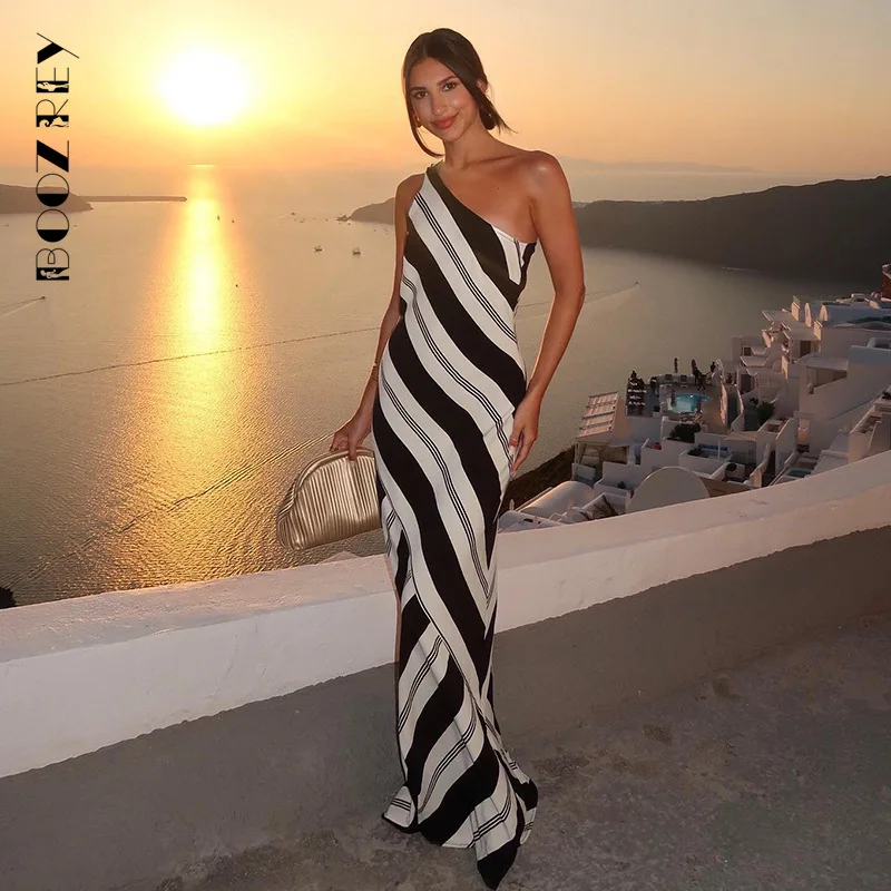 BoozRey Sexy One-Shoulder Zebra Printed  Backless Maxi Dress for Women 2023 Elegant Striped Sleeveless High Street Party Dresses