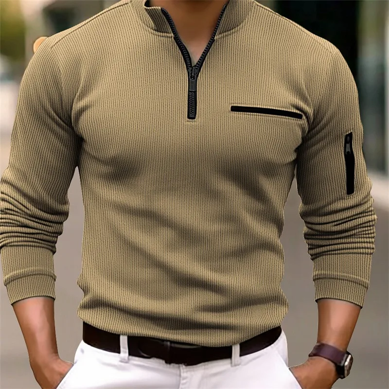 Men\'s polo shirt Casual striped cotton blend stand collar pocket arm zipper outdoor sport solid color long sleeve T-shirt top