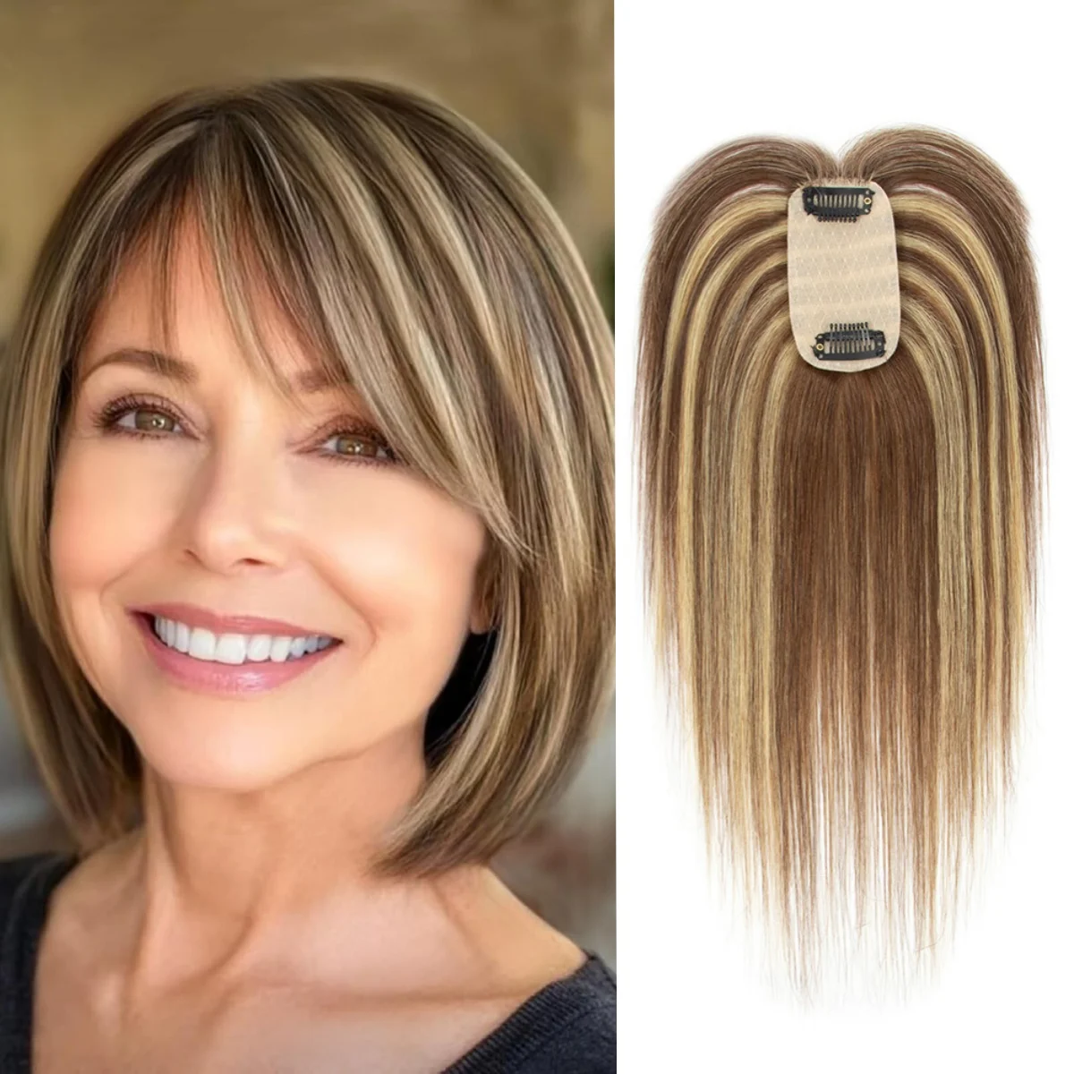 Real Human Hair Toppers for Women with Bangs 5x9cm Lace Base Top Hair Extensions 8-12 Inch for Thinning Hair Cover
