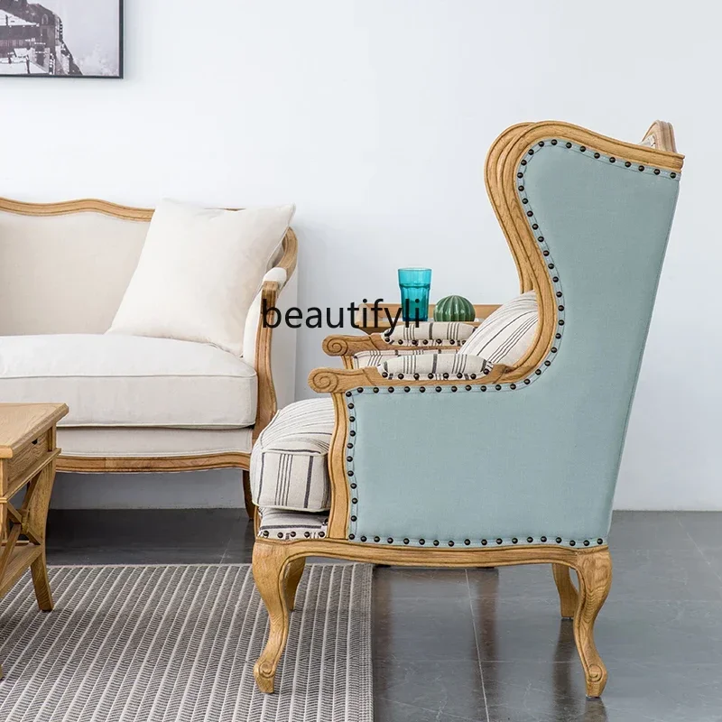 Solid wood oak sofa chair single sofa, linen sofa, sofa chair soft bag armchair