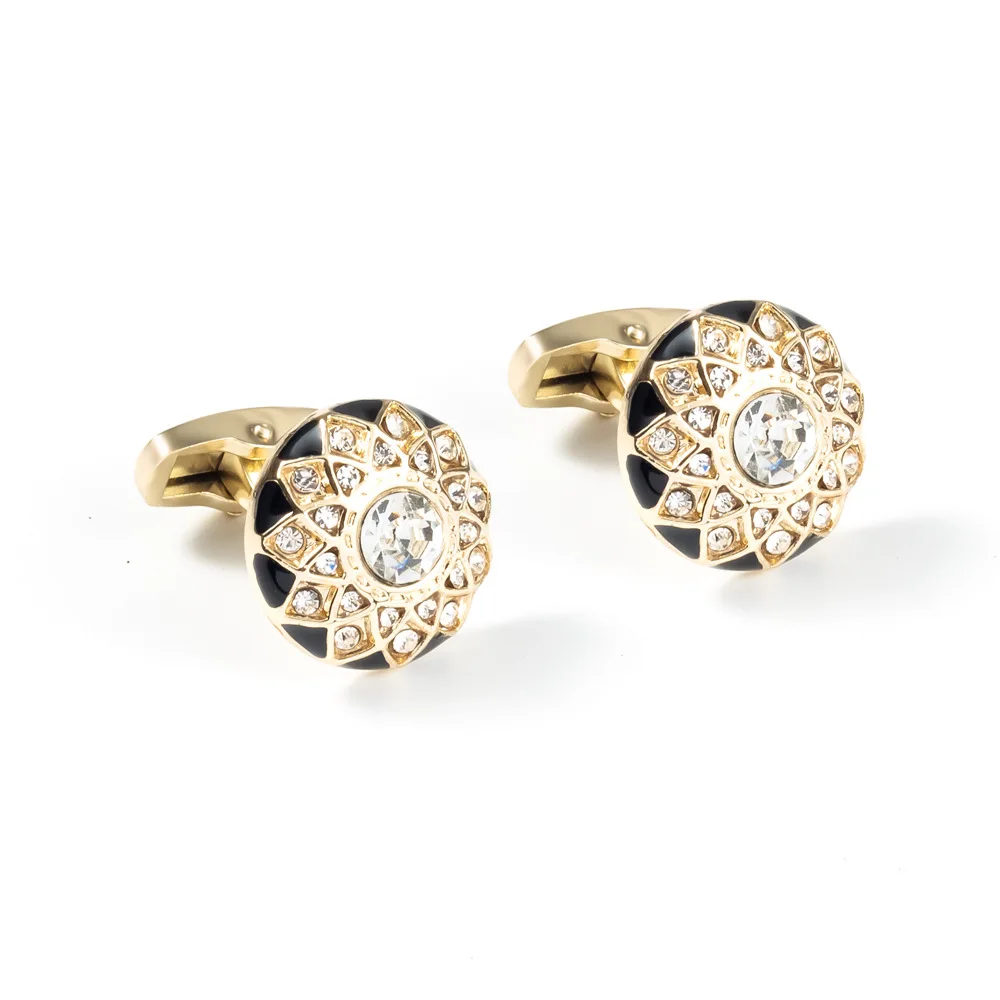Men's Gold Black Enamel Cufflinks Round Crystal Rhinestone Sun Flower Pattern Cuff Business Wedding Shirt Cufflink Gift for Men