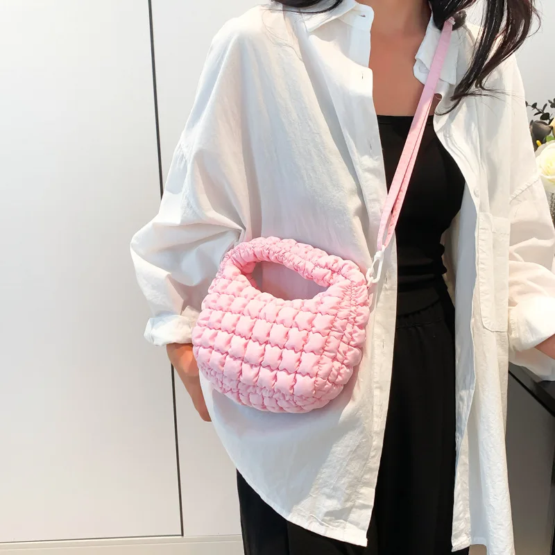 Tas tangan wanita Puffer kecil berkerut kasual tas tangan wanita Hobo berlapis tas selempang bahu katun bawah nilon tas wanita Mini