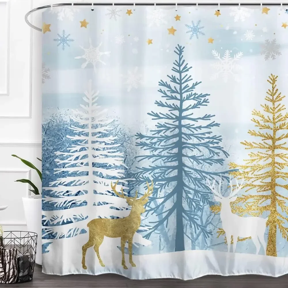 Winter Snowy Forest Shower Curtains Pine Tree Deer Snowflake Xmas Christmas Holiday Rustic Farmhouse Bathroom Decor with Hooks