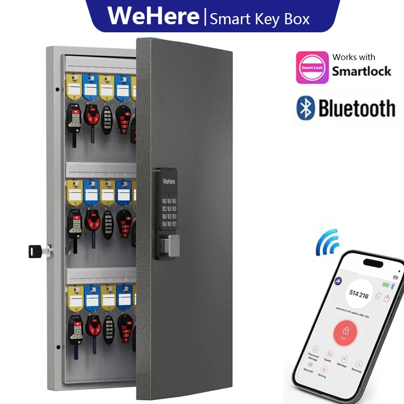WeHere Remote authorization unlocking Smart Lock Box, 48 Keys Storage Cabinet Wall Mount,OTP/APP Bluetooth/WiFi/Code/Key Unlock