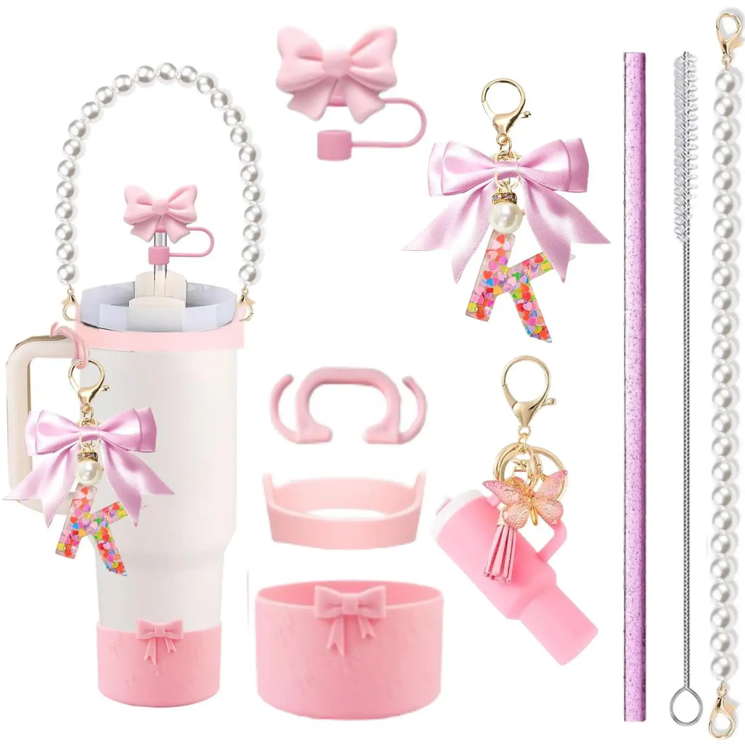 Mini Tumbler Pendants Bow Letter Keychains Straw Sets - Trendy Accessory Combo for Drinkware And Keys