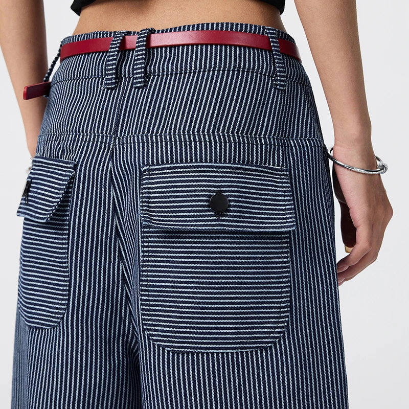 جديد 2026 F/W جينز مخطط جديد عالي الخصر للنساء بنطال جينز واسع الساق ملابس غير رسمية كلاسيكية جيب بسحاب بنطلون نسائي