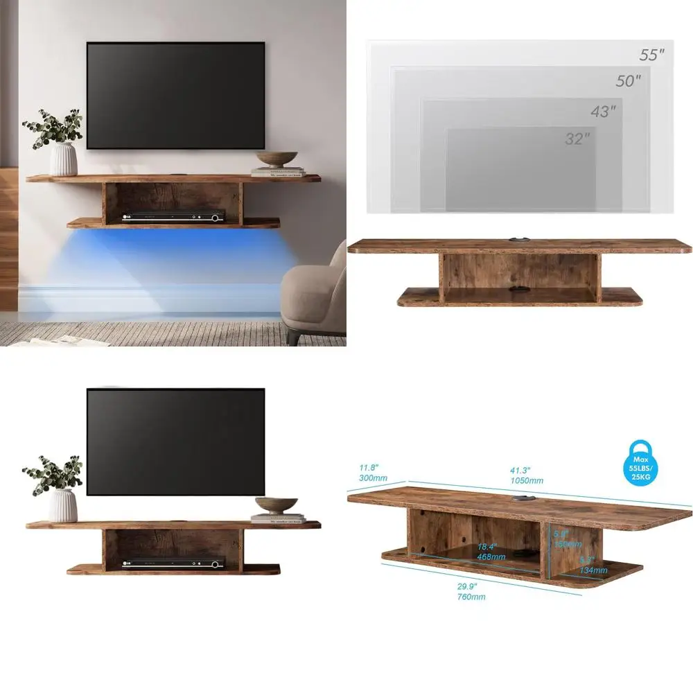 

Blue LED Illuminated 2-Tier Floating TV Stand and Wall Mount Entertainment Shelf in Brown
