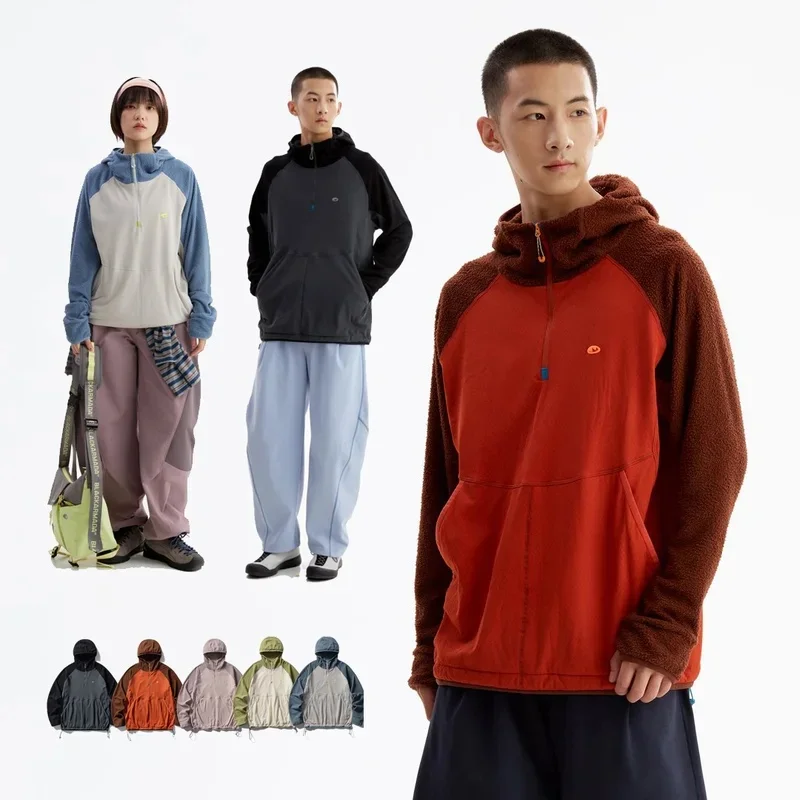 Autumn Men Women Outdoor Hiking Fleece Splice Sleeve Hooded Sweatshirts Unisex City Walk Loose Casual Pullover Hoodie Tops