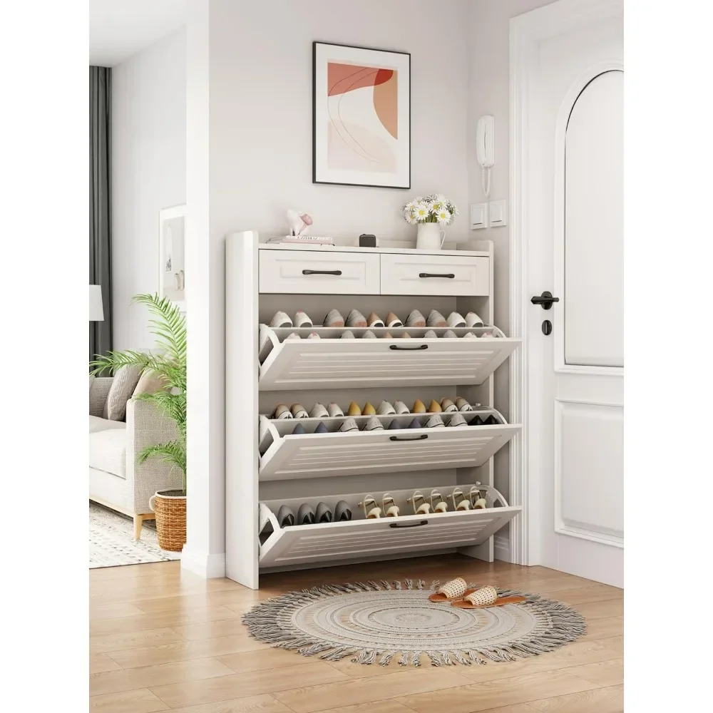 

White Shoe Cabinet with 3 Flip Drawers, Shoe Organizer with Metal Drawer Bracket for Entryway, Shoe Organizer for Entryway