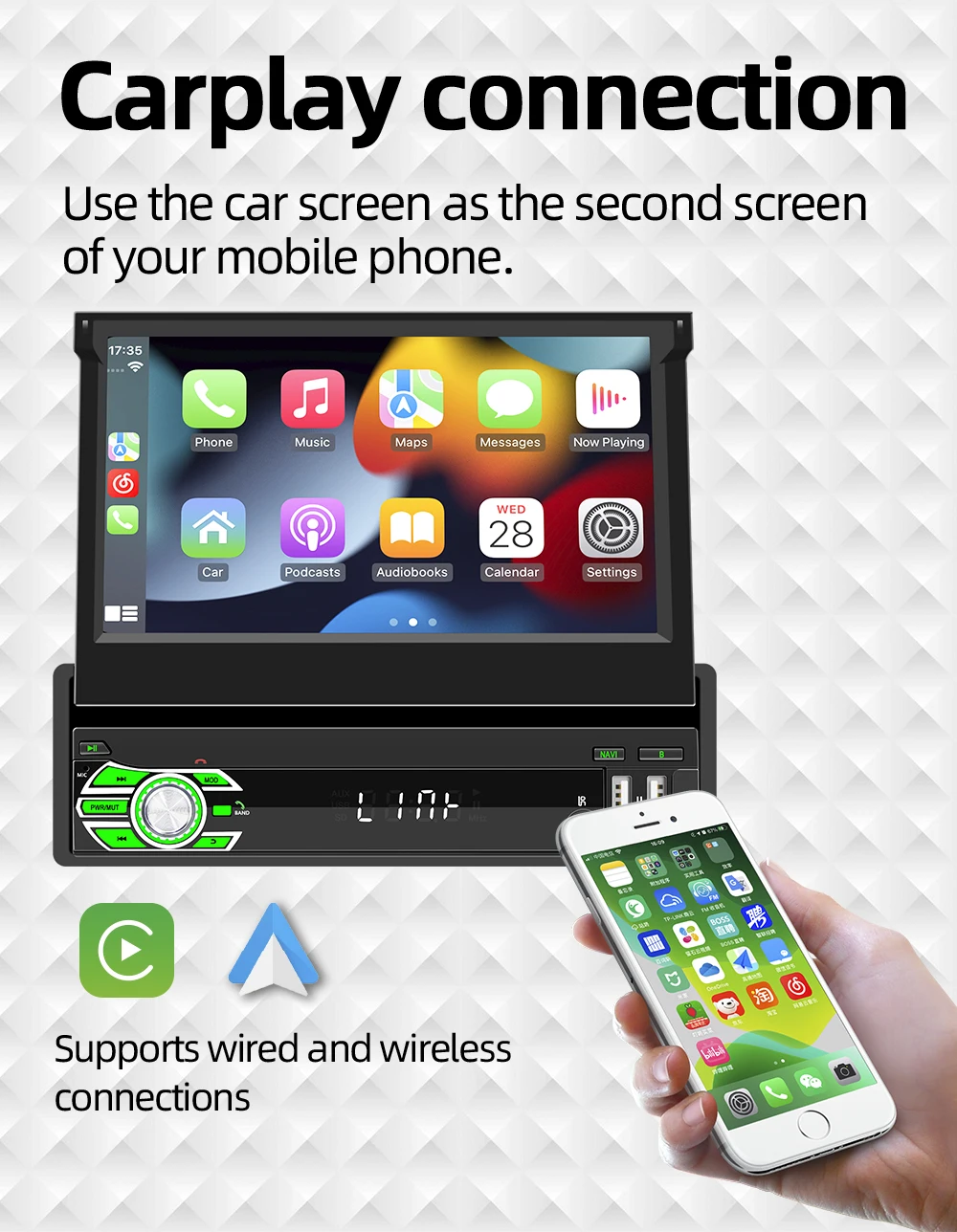 ESSGOO 7 "أندرويد 15 4 + 64G شاشة لمس قابلة للطي CarplayA أندرويد أوتو 1 DIN ستيريو سيارة عالمي GPS Navi BT FM WiFi USB Type C