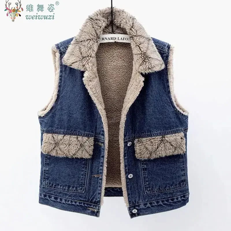 

Осень-зима, женский джинсовый жилет из хлопка, искусственная шерсть, внутренний слой, джинсовый жилет без рукавов, теплый жилет, модное ковбойское пальто