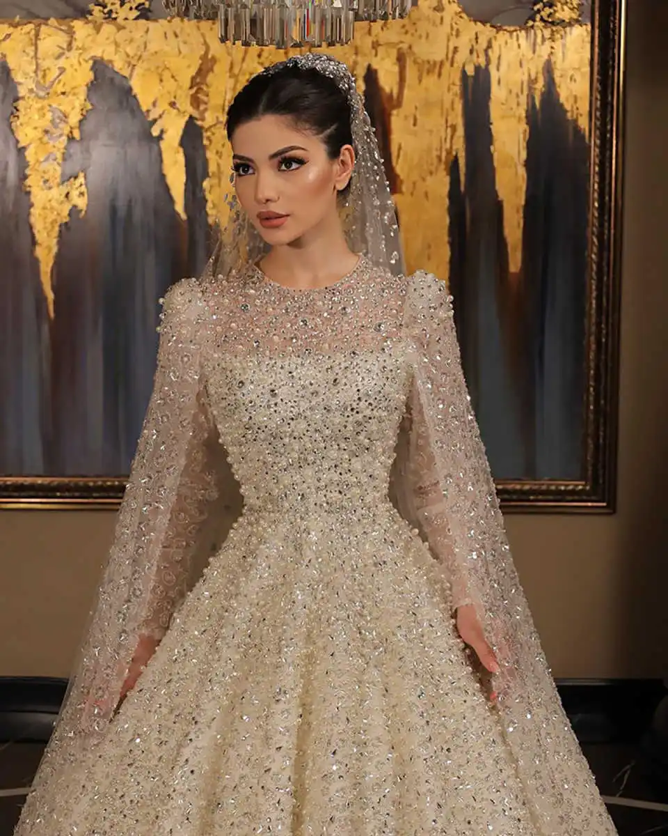 Brilliant Ball Gown Wedding Dresses High Neck Diamond Rhinestones Lace Bridal Gowns Long Sleeve Vestido De Noiva Customized