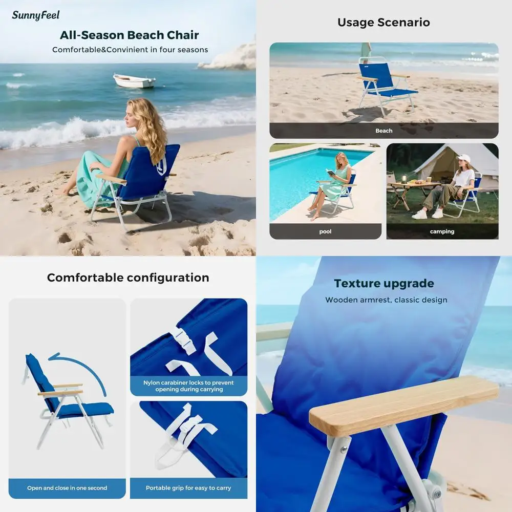 

Портативные складные пляжные стулья с деревянными подлокотниками и подушками, прочные, для кемпинга, газона, использования на открытом воздухе, синие, комплект из 2 штук
