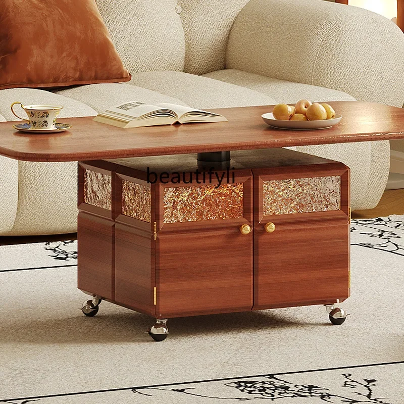 

SolidWood Lifting and Foldable Mobile Coffee Table Retro Style Living Room Small Apartment Sofa Side Table