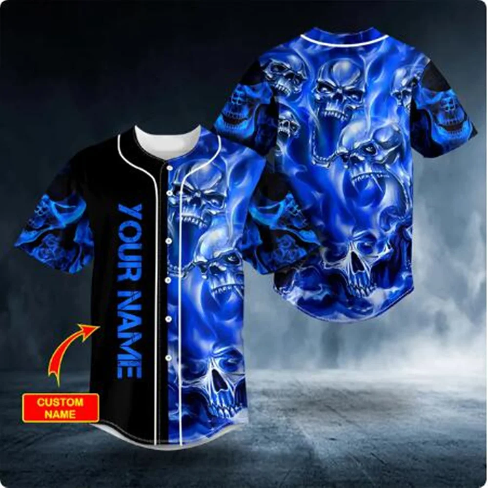 New Men's Customized Name Fire Skull 3D Printed Baseball Jersey Unisex Fashion Harajuku Street Casual Sports Baseball Shirt Top