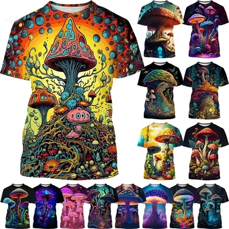 Mushroom 3D Print T-Shirt Plant Pattern Round Neck Short Sleeve Forest Fashion Casual Unisex Tops Tshirts Street Hip Hop Tees