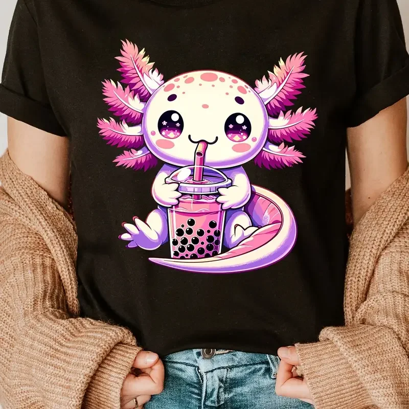 Axolotl Print Crew Neck T-shirt Short Sleeve Casual Top Summer Women\'s Clothing Print Clothing Women\'s Harajuku Graphic Clothing