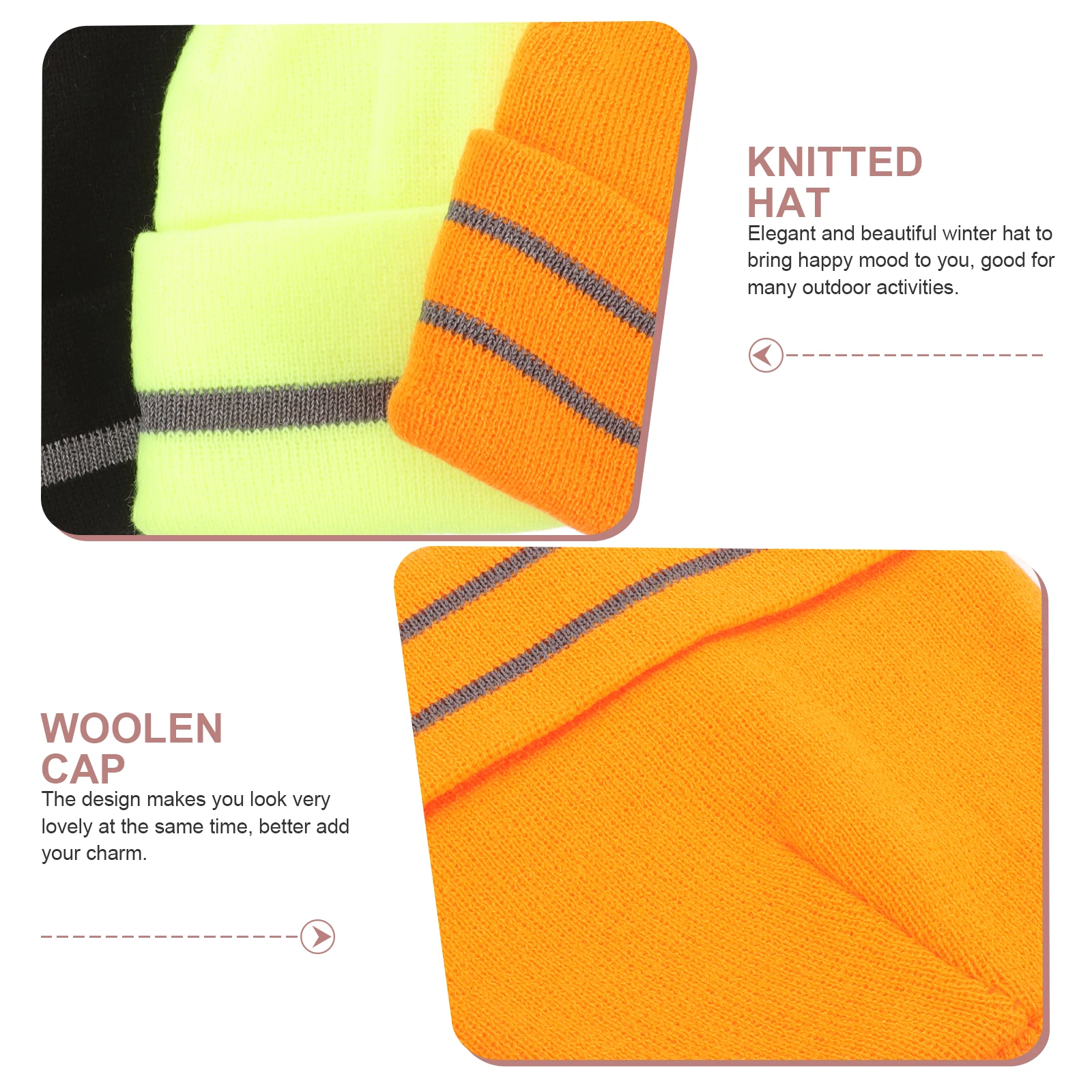 

4pcs Winter Knitted Hats Fluorescent Reflective Strip Warm Woolen Unisex Beanies Green Black Adult Washable Durable