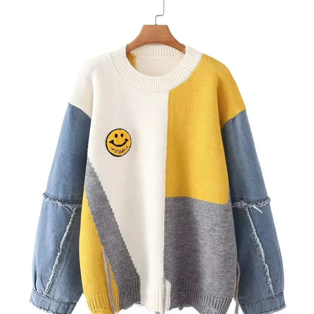 

Autumn Winter Loose Sweaters Casual Fashion Stitching Contrasting Color Woman Clothes Long Sleeves Round Neck Pullover Tops