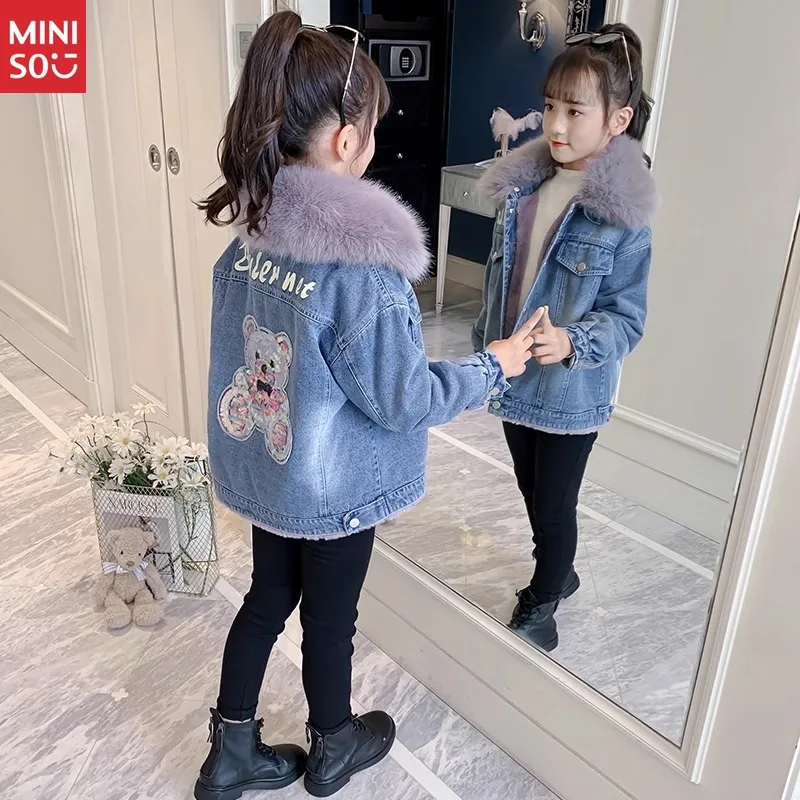 

Miniso 2024 New Girls Winter Cotton Padded Denim Jacket Fleece Lined Warm Coat Kids Fashion Outerwear