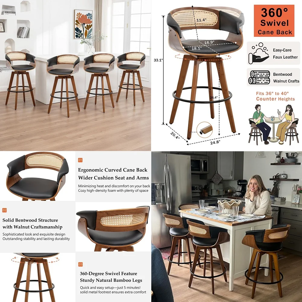 

Inch Bar Stools Set of 4 Windsor Barstools Farmhouse Wooden Counter Height Barstool with Spindle Back Armless Barchair for Kitc