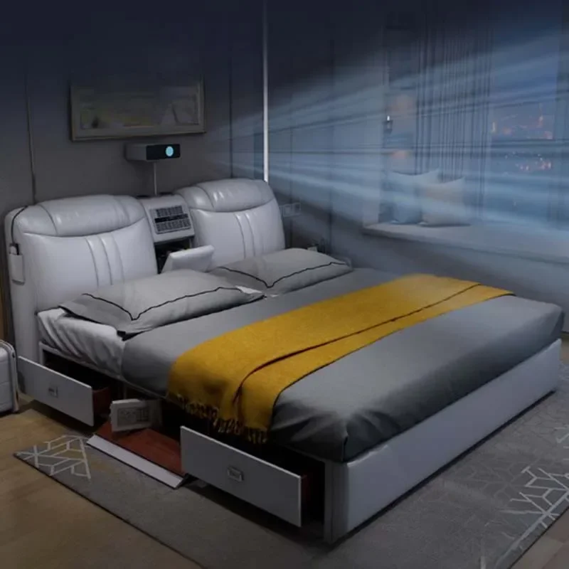 Massager Leather Bed Projector Usb Charge Comferter Luxury Modern Bed Storage Electric Lit Multifonctionnel Bedroom Furniture